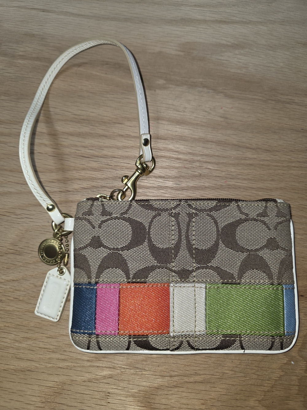 Coach Brown Signature Wristlet with Multicolor Stripe Accent